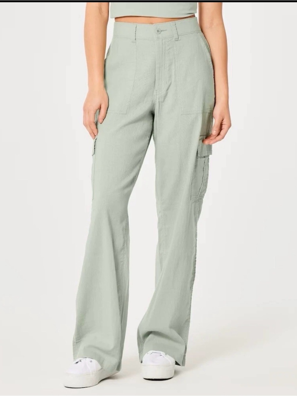 Hollister Sage Green Ultra High-Rise Vintage Baggy Linen Blend  Pants Size L